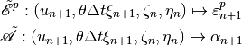 \tilde{\mathscr E}^p : (u_{n+1}, \theta \Delta t \xi_{n+1}, \zeta_{n}, \eta_n) \mapsto \varepsilon^p_{n+1}

\tilde{\mathscr A} : (u_{n+1}, \theta \Delta t \xi_{n+1}, \zeta_{n}, \eta_n) \mapsto \alpha_{n+1}