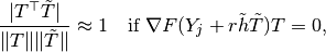 \frac{\lvert T^{\top} \tilde{T}\rvert}{\lVert T \rVert \lVert \tilde{T} \rVert} \approx 1\quad \text{if}\ \nabla F(Y_{j} + r \tilde{h} \tilde{T}) T = 0,