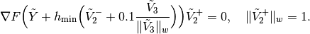 \nabla F\Bigl(\tilde{Y}+h_{\mathrm{min}}\Bigl(\tilde{V}_{2}^{-} + 0.1\frac{\tilde{V}_{3}}{\lVert \tilde{V}_{3} \rVert_{w}}\Bigr)\Bigr) \tilde{V}_{2}^{+} = 0, \quad \lVert \tilde{V}_{2}^{+} \rVert_{w} = 1.