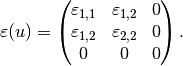 \varepsilon(u) = \left(\hspace{-0.5em}\begin{array}{ccc} \varepsilon_{1,1} & \varepsilon_{1,2} & 0 \\ \varepsilon_{1,2} & \varepsilon_{2,2} & 0 \\ 0 & 0 & 0 \end{array}\hspace{-0.5em}\right).