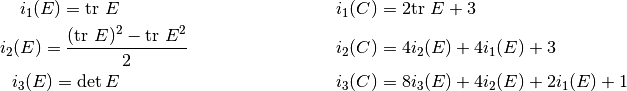 i_1( E) = \mbox{tr } E \hspace{5cm} &i_1( C) = 2\mbox{tr } E + 3\\
i_2( E) = \frac{(\mbox{tr } E)^2 - \mbox{tr } E^2}{2}\quad\hspace{3cm}& i_2( C)=4i_2( E)+4i_1( E)+3\\
i_3( E) = \det E \hspace{5cm} &i_3( C) = 8i_3( E) + 4i_2( E) + 2i_1( E) + 1