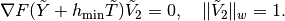 \nabla F(\tilde{Y}+h_{\mathrm{min}}\tilde{T}) \tilde{V}_{2} = 0, \quad \lVert \tilde{V}_{2} \rVert_{w} = 1.