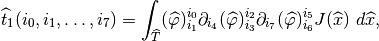 \widehat{t}_1(i_0, i_1, \ldots, i_7) =
\int_{\widehat{T}}(\widehat{\varphi})_{i_1}^{i_0}
\partial_{i_4}(\widehat{\varphi})_{i_3}^{i_2}
\partial_{i_7}(\widehat{\varphi})_{i_6}^{i_5} J(\widehat{x})\ d\widehat{x},