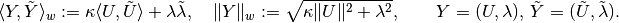 \langle Y, \tilde{Y} \rangle_{w} := \kappa \langle U, \tilde{U} \rangle + \lambda \tilde{\lambda},\quad \lVert Y \rVert_{w} := \sqrt{\kappa \lVert U \rVert^{2} + \lambda^{2}},\qquad Y = (U, \lambda),\, \tilde{Y} = (\tilde{U}, \tilde{\lambda}).