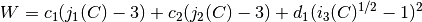 {W} = c_1(j_1( C) - 3) + c_2(j_2( C)-3) + d_1(i_3( C)^{1/2}-1)^2