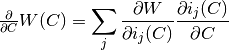 \frac{\partial}{\partial C} {W}(C) = \displaystyle\sum_{j}\frac{\partial W}{\partial i_j(C)} \frac{\partial i_j(C)}{\partial C}