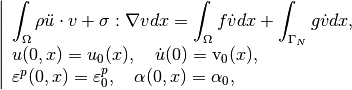 \left| \begin{array}{l}
\ds \int_{\Omega} \rho \ddot{u}\cdot v + \sigma : \nabla v dx =  \int_{\Omega} f\dot v dx + \int_{\Gamma_N} g\dot v dx, \\
u(0,x) = u_0(x), ~~~\dot{u}(0) = \mathrm{v}_0(x), \\
\varepsilon^p(0,x) = \varepsilon^p_0, ~~~ \alpha(0,x) = \alpha_0,
\end{array} \right.